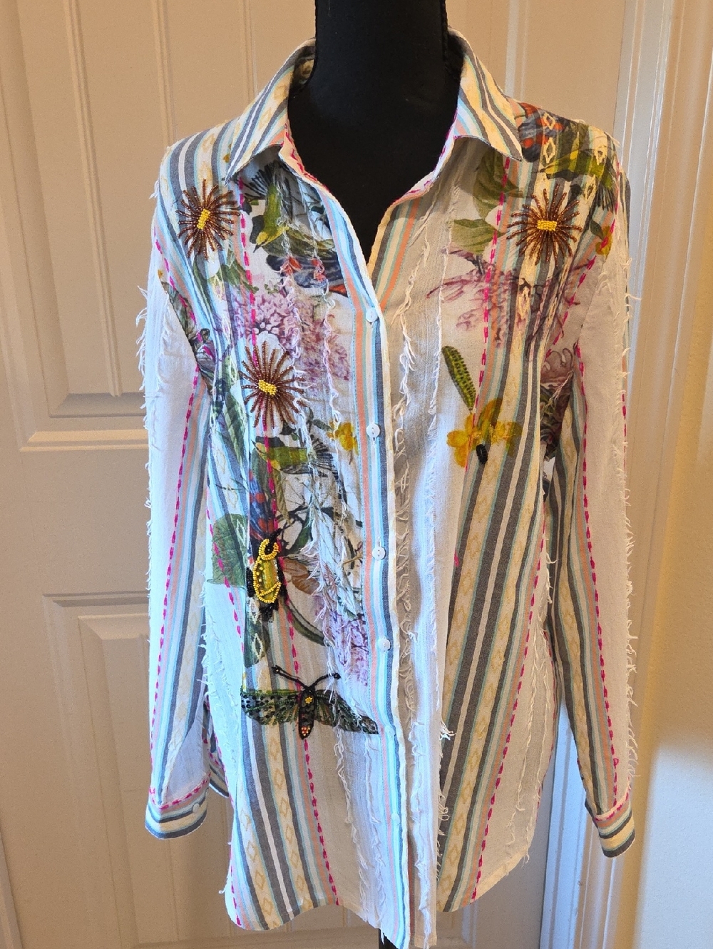 Chico's Embellished Button Down Shirt Multi-Color Striped Chico's Size 2 (US 12)
